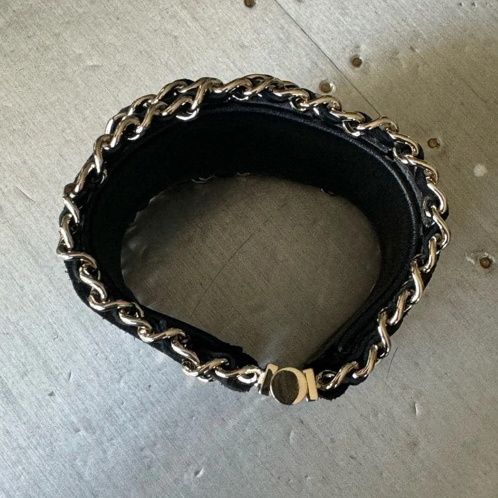 Chanel black suede chain cuff logo bracelet rare Preowned authentic